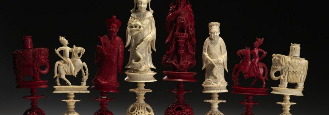 Chess Set - Cantonese Puzzle Ball, Carved Ivory, White & Red, Chinese, circa 1880